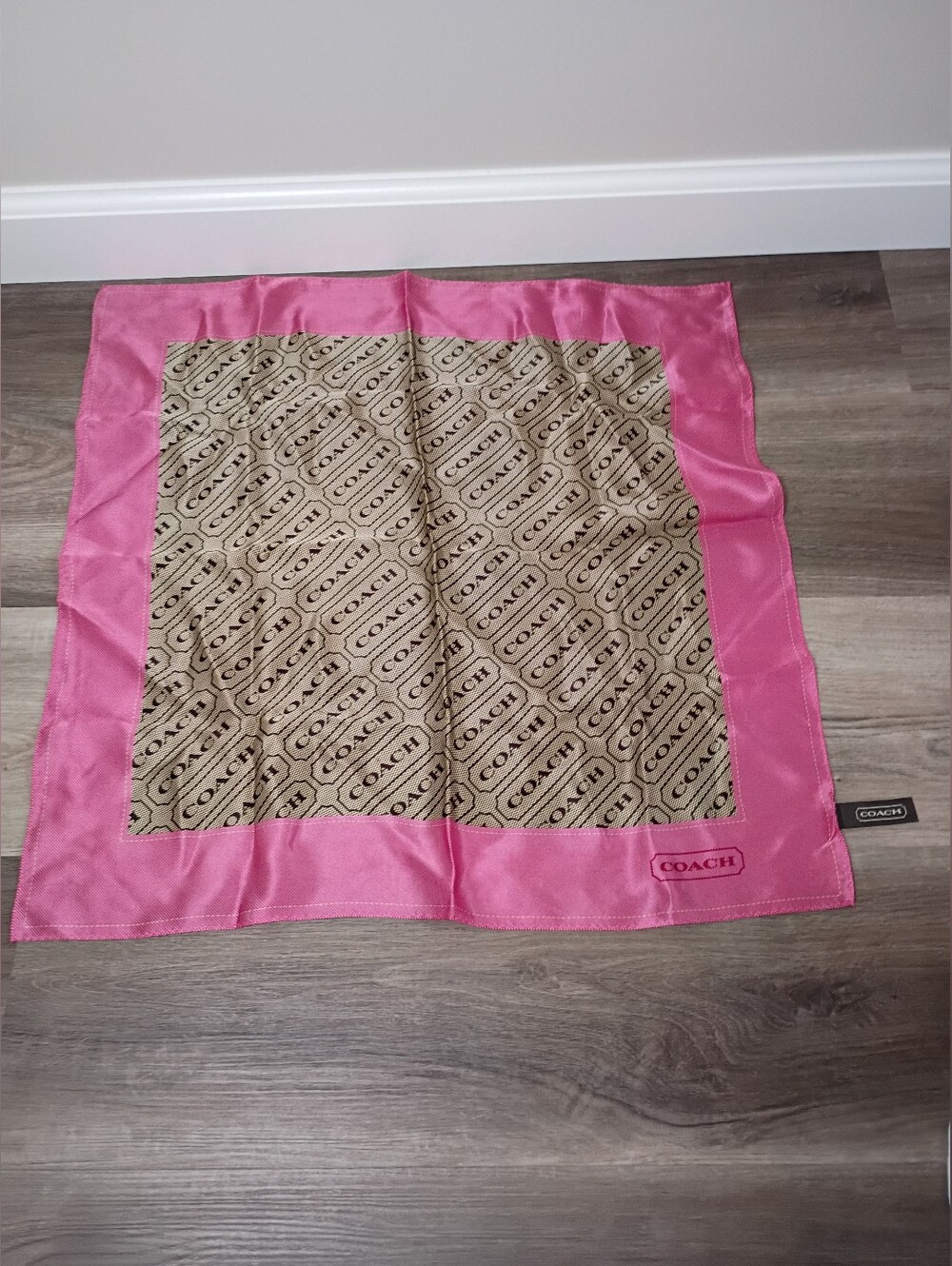 Coach Vintage Y2K Pink Trim Brown Khaki Logo Graphic 100% Silk Square Scarf